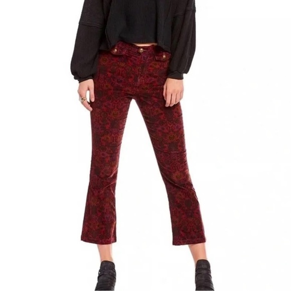 NWOT Free People Brocade Crop Flare Pants Red Multicolor Size 2 - Picture 1 of 12